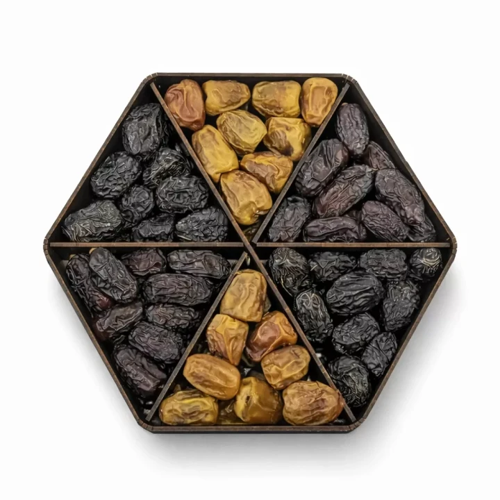 Khajoor (Dates) 6 Portion Regular Box – Dark Brown Hexagon Price in Pakistan 2026 | Buy Online - Khan Dry Fruits