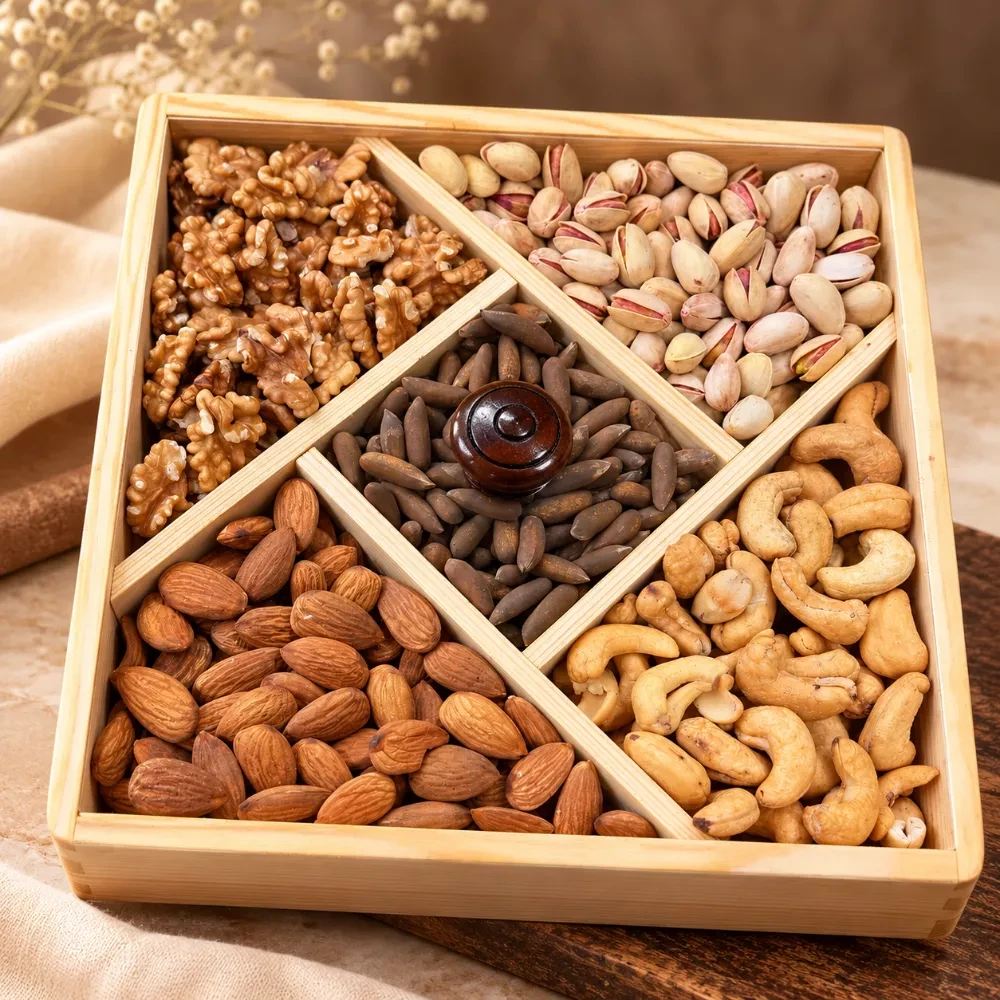 Premium 5-Compartment Wooden Dry Fruit Gift Box